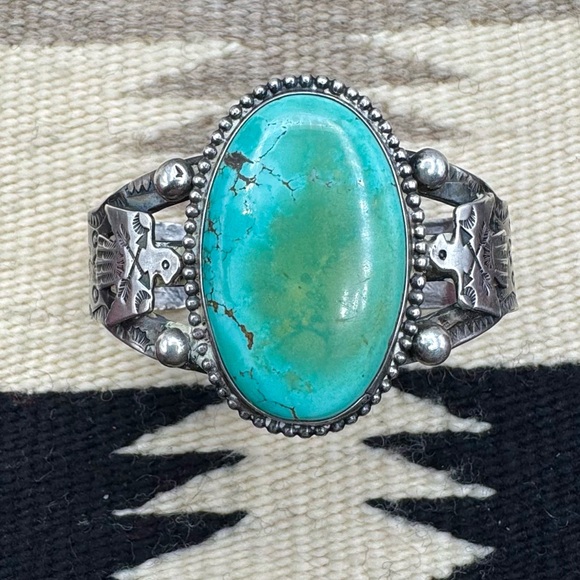 Native American Jewelry - Navajo Native Fred Harvey Style Sterling Silver Turquoise Thunderbird Cuff 7"